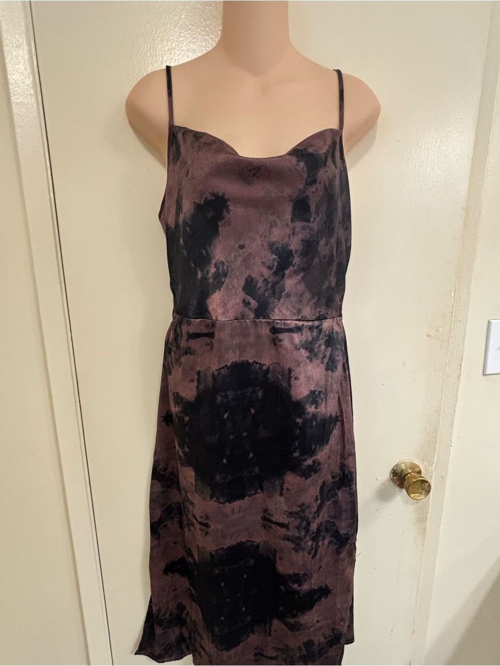 NWT Brave Soul cowl neck satin midi dress in brown with a black tie-dye print 10